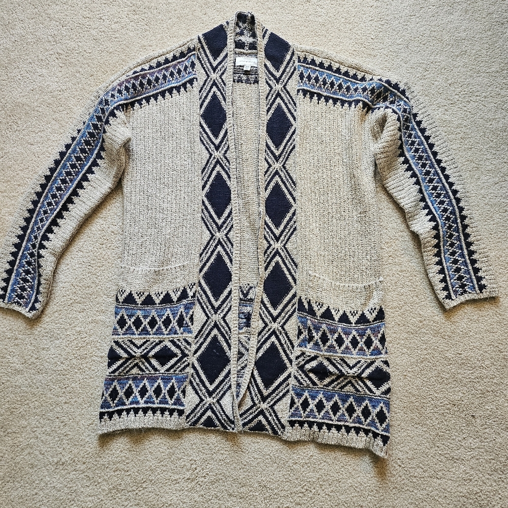 Lucky Brand Cream & Navy Patterned Open-Front Cardigan